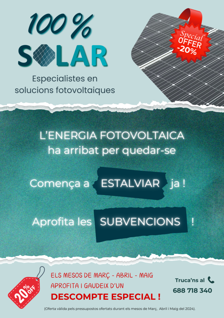 Imatge d'oferta de 100% Solar, amb descompte especial en instal·lacions fotovoltaiques a Catalunya.